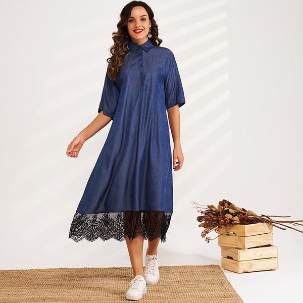 casual dresses summer women's fashion loose age reduction collar short-sleeved lace stitching all-match thin mid-length dress, Black;gray
casual dresses summer women's fashion loose age reduction collar short-sleeved lace stitching all-match thin mid-length dress, Black;gray