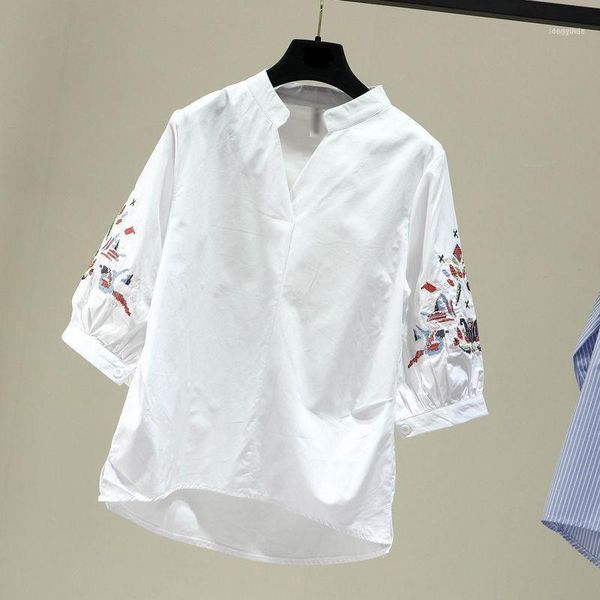 women's blouses & shirts embroidery floral stripe blouse three quater lantern sleeve loose asymmetrical hem v-neck s-4xl1, White
women's blouses & shirts embroidery floral stripe blouse three quater lantern sleeve loose asymmetrical hem v-neck s-4xl1, White