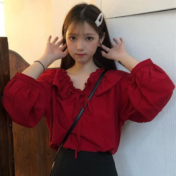 women's blouses & shirts korean sweet style solid female loose ruffles lantern sleeve bandage fashion brand clothing autumn, White
women's blouses & shirts korean sweet style solid female loose ruffles lantern sleeve bandage fashion brand clothing autumn, White