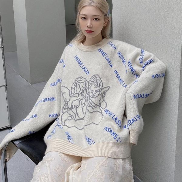 women's sweaters 2021 winter angel pattern sweater retro lazy pullover trendy brand round neck knit fashion all-match, White;black
women's sweaters 2021 winter angel pattern sweater retro lazy pullover trendy brand round neck knit fashion all-match, White;black