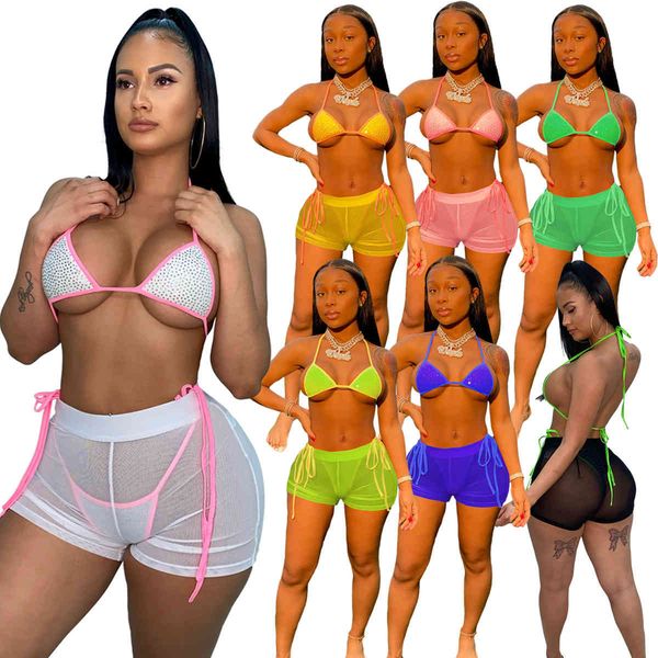 women three piece bikini set summer drill print mesh swimwear v neck backless beach wear bandage suits 7 colors, White;black
women three piece bikini set summer drill print mesh swimwear v neck backless beach wear bandage suits 7 colors, White;black