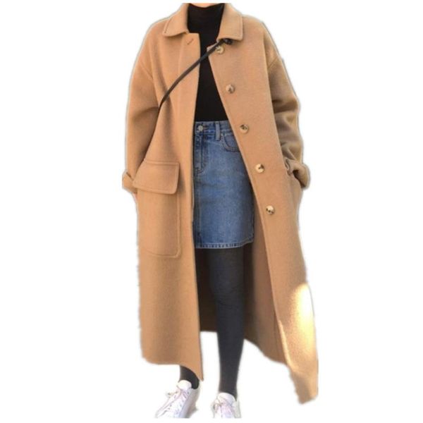 women's wool & blends vintage autumn winter x-long woolen coat women lapel loose single breasted overcoat, Black
women's wool & blends vintage autumn winter x-long woolen coat women lapel loose single breasted overcoat, Black