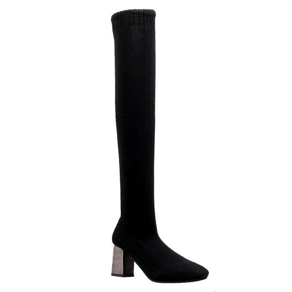 boots square autumn thin black heel socks 2021 overknee