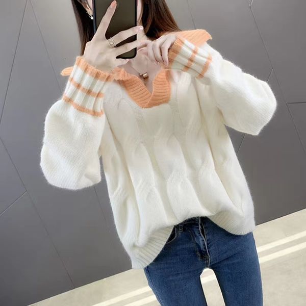 women's sweaters knitted sweater long fall pull jumpers white pullovers of ladies female t3qr, White;black