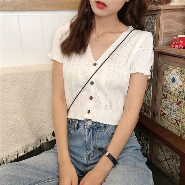 women's t-shirt v-neck short sleeve high waist thin design women 2021 summer korean knitted shirts single breasted cardigan, White
women's t-shirt v-neck short sleeve high waist thin design women 2021 summer korean knitted shirts single breasted cardigan, White