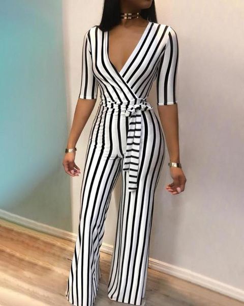 women's jumpsuits & rompers 2021 women deep v-neck striped waist belted wide leg jumpsuit workwear half sleeve casual one piece overall, Black;white
women's jumpsuits & rompers 2021 women deep v-neck striped waist belted wide leg jumpsuit workwear half sleeve casual one piece overall, Black;white