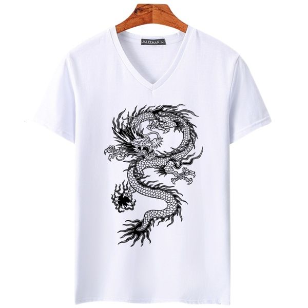 summer youth men's v-neck dragon short sleeve t-shirt half korean fashion top, White;black 
summer youth men's v-neck dragon short sleeve t-shirt half korean fashion top, White;black