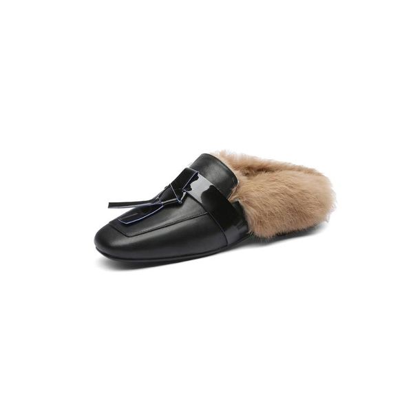slippers women's muller shoes genuine leather fabric warm fur lining 2021 autumn and winter fashion women, Black