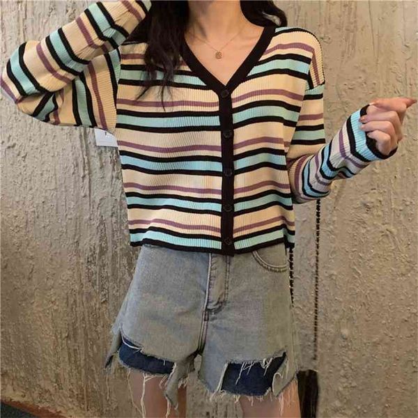women's spring autumn cardigans korean the v-neck color-blocking striped long-sleeved knitted loose cardigan coat gx731 210507, White;black
women's spring autumn cardigans korean the v-neck color-blocking striped long-sleeved knitted loose cardigan coat gx731 210507, White;black