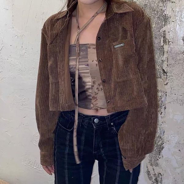 women's sweaters 2021 corduroy pocket brown short coat handsome work style loose lapel jacket, White;black
women's sweaters 2021 corduroy pocket brown short coat handsome work style loose lapel jacket, White;black