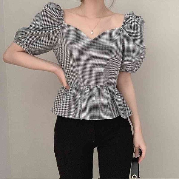 chic korea summer retro square neck puff short sleeve blouse women black white plaid shirts slim blusas mujer fashion high waist 210429
chic korea summer retro square neck puff short sleeve blouse women black white plaid shirts slim blusas mujer fashion high waist 210429