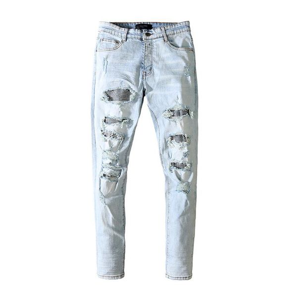 men's jeans fashion diamond patches ripped men high street ligh blue washed denim trousers slim fit casual pencil pants streetwear
men's jeans fashion diamond patches ripped men high street ligh blue washed denim trousers slim fit casual pencil pants streetwear