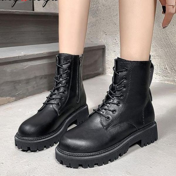 boots autumn winter fashion women's lace up calf round head black mid heel square pu women shoes