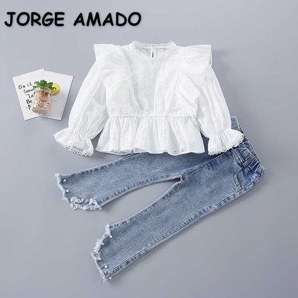 spring kids girls 2-pcs sets white long puff ruffles shirts + denim pearl pants children clothes e2034 210610
spring kids girls 2-pcs sets white long puff ruffles shirts + denim pearl pants children clothes e2034 210610