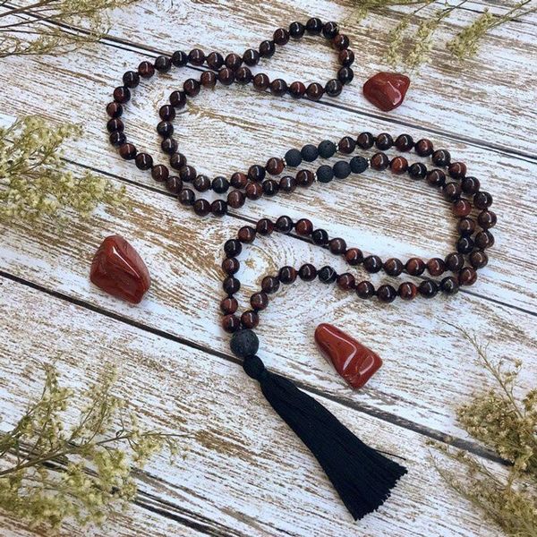 red tigers eye & lava stone mala necklace 108 beads knotted black tassel collar mujer chains, Silver
red tigers eye & lava stone mala necklace 108 beads knotted black tassel collar mujer chains, Silver