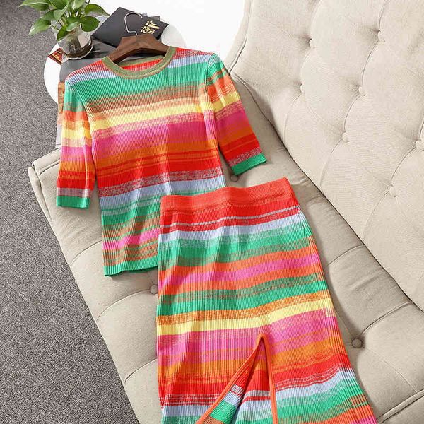 two piece dress summer half sleeve round neck striped rainbow knitted knits tees + split mid-calf skirt suits 2 s set 21a152104029 52z9, White
two piece dress summer half sleeve round neck striped rainbow knitted knits tees + split mid-calf skirt suits 2 s set 21a152104029 52z9, White
