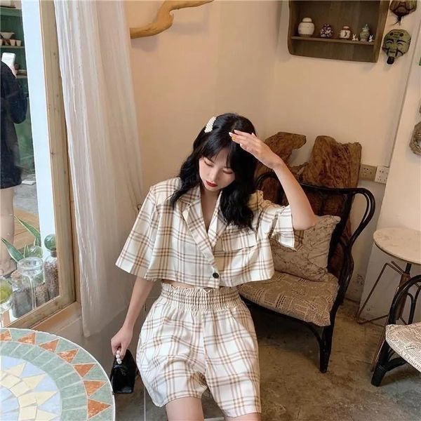 shorts set women short stand collar and high waist summer plaid wide-leg ladies suits two-piece suit women's tracksuits, Gray
shorts set women short stand collar and high waist summer plaid wide-leg ladies suits two-piece suit women's tracksuits, Gray