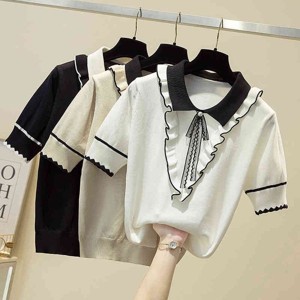 women's t-shirt ruffles patchwork knitted t shirt women clothes summer short sleeve korean sweet polo collar knit thin woman, White
women's t-shirt ruffles patchwork knitted t shirt women clothes summer short sleeve korean sweet polo collar knit thin woman, White