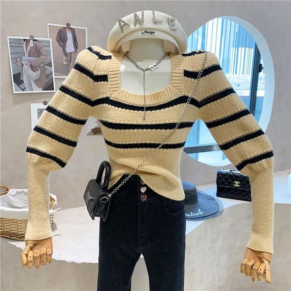 women's sweaters clothing 2021 autumn winter versatile slim pullover loose short striped sweater top, White;black
women's sweaters clothing 2021 autumn winter versatile slim pullover loose short striped sweater top, White;black