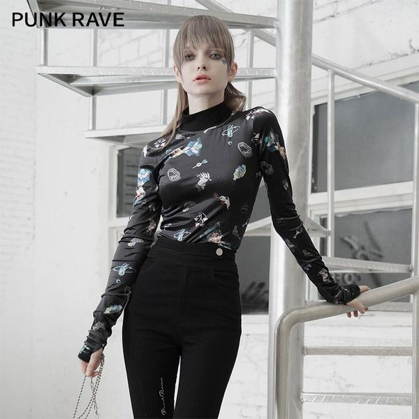 women's t-shirt punk rave girl's black long-sleeved print autumn winter slim tees female design sense street wear, White
women's t-shirt punk rave girl's black long-sleeved print autumn winter slim tees female design sense street wear, White