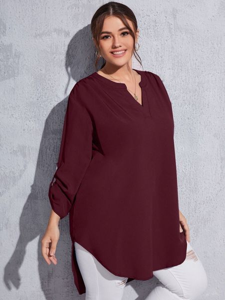 plus solid curved hem notch neck blouse 759f#, Black