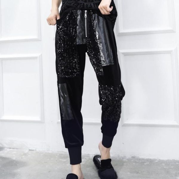 women's pants & capris 2021 autumn fashion black women gold velvet pu leather patchwork sequins harem, Black;white
women's pants & capris 2021 autumn fashion black women gold velvet pu leather patchwork sequins harem, Black;white
