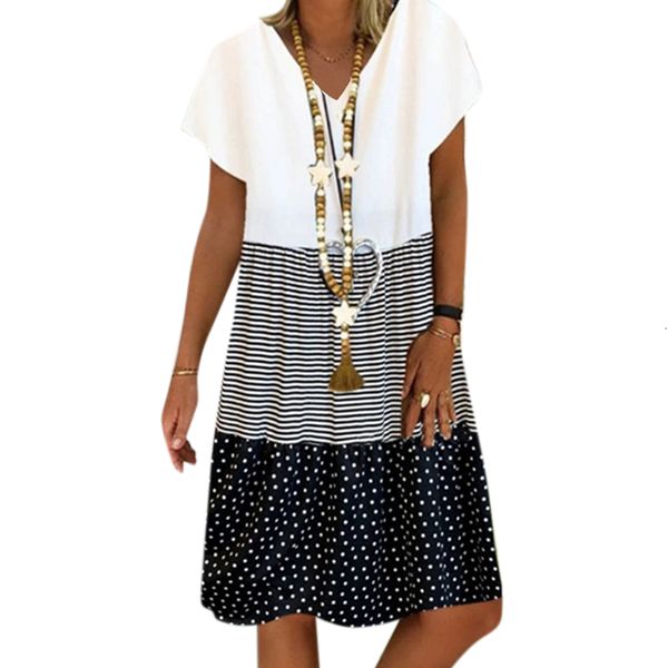 dresses large size for women summer casual loose striped color stitching dot printed es ladies leisure v neck vestidos, Black;gray 
dresses large size for women summer casual loose striped color stitching dot printed es ladies leisure v neck vestidos, Black;gray
