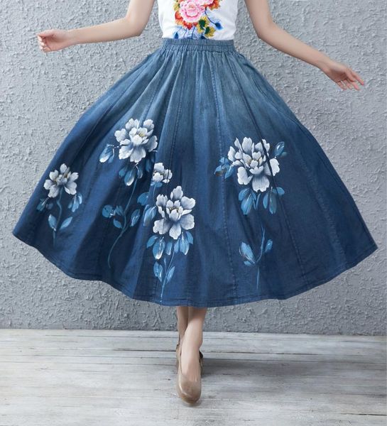 vintage denim long skirts womens spring summer nation style elastic high waist a-line hand painted floral skirt, Black
vintage denim long skirts womens spring summer nation style elastic high waist a-line hand painted floral skirt, Black
