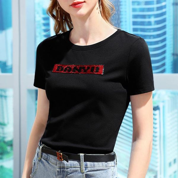 women's t-shirt black short-sleeved female summer sequined letter cotton thin round neck slim korean fashion clothing top, White
women's t-shirt black short-sleeved female summer sequined letter cotton thin round neck slim korean fashion clothing top, White