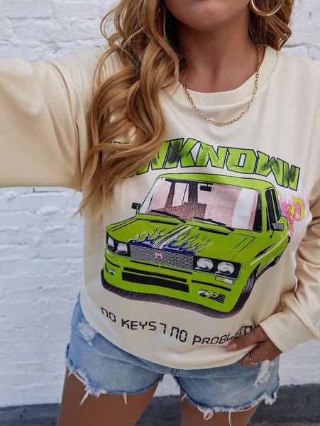 plus car & letter graphic drop shoulder sweatshirt p20v#, Black