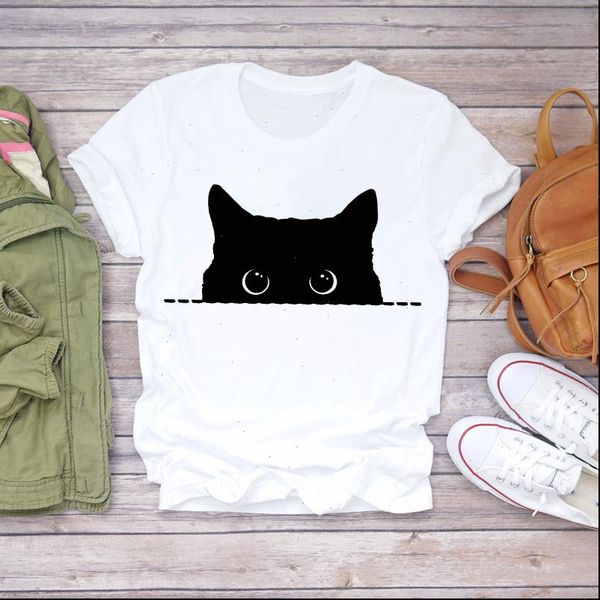 cat cartoon clothing fashion 90s womens short sleeve print graphic tee, White