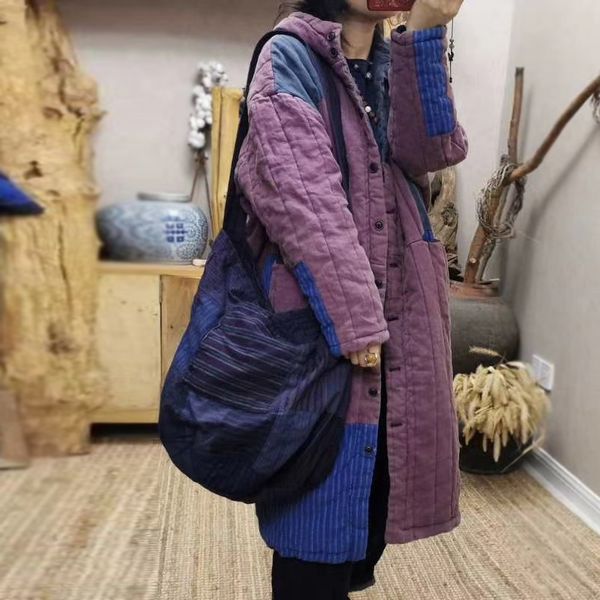 johnature women vintage parkas cotton linen button coats patchwork color winter female thick chinese style long coats 210521, Black 
johnature women vintage parkas cotton linen button coats patchwork color winter female thick chinese style long coats 210521, Black