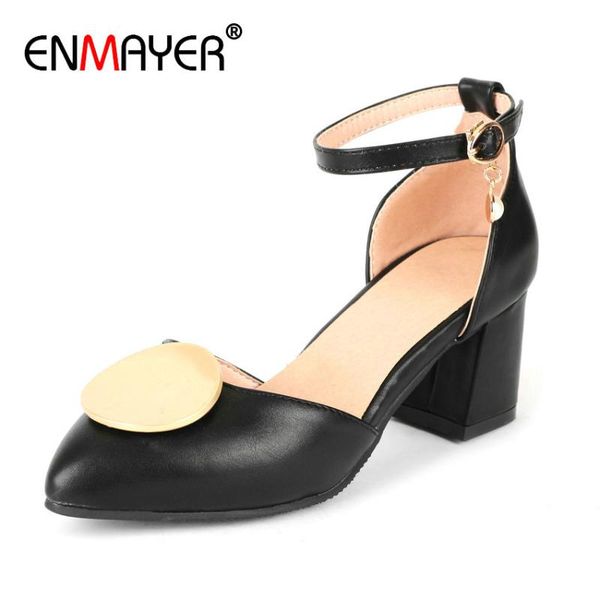 dress shoes enmayer high heel synthetic round toe pu 2021 fashion women casual buckle strap square spring/autumn pumps, Black