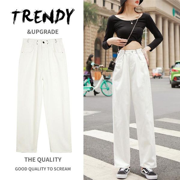 women's jeans high waist metal lock buttons wome 2021 wide leg loose straight draped street wear ladies white denim pants trousers, Blue
women's jeans high waist metal lock buttons wome 2021 wide leg loose straight draped street wear ladies white denim pants trousers, Blue