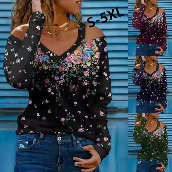 2021 women's autumn and winter fashion long sleeve v-neck off shoulder floral t-shirt, White
2021 women's autumn and winter fashion long sleeve v-neck off shoulder floral t-shirt, White