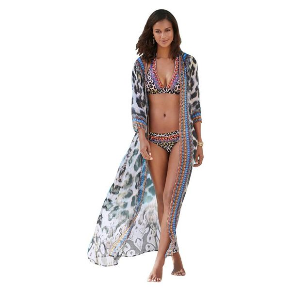 women's swimwear long swimsuit cover up dress bohemian style leopard print open front flowy chiffon kimono cardigan ladies dresses, White;black
women's swimwear long swimsuit cover up dress bohemian style leopard print open front flowy chiffon kimono cardigan ladies dresses, White;black