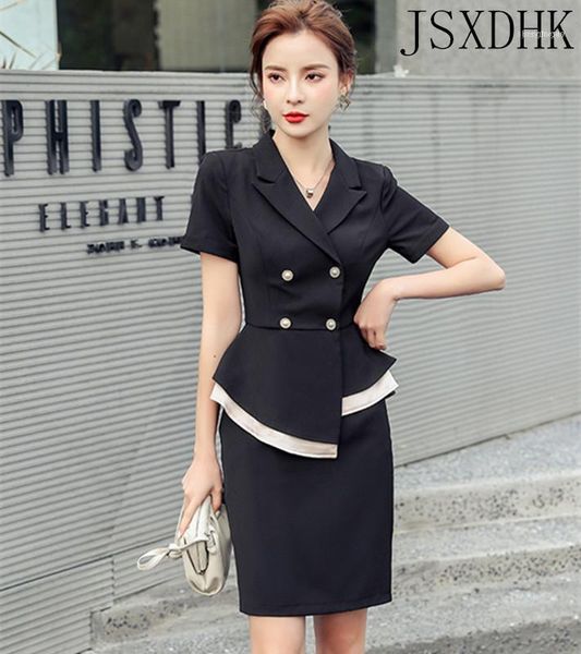 hepburn style professional suit 2021 summer office ladies double-breasted ruffled hem shirt + bodycon one step skirt 2 piece set1, White 
hepburn style professional suit 2021 summer office ladies double-breasted ruffled hem shirt + bodycon one step skirt 2 piece set1, White