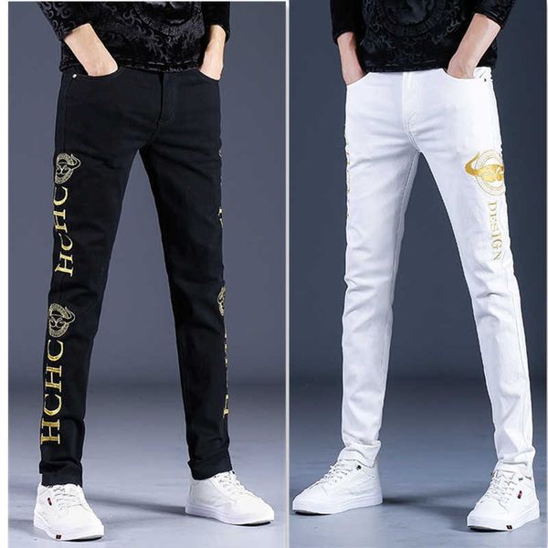 casual pants men's slim fashion brand autumn jeans elastic, Black