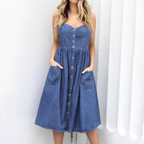 dress women solid holiday strappy button pocket denim sling 2021 summer beach style midi swing streetwear maternity dresses, White
dress women solid holiday strappy button pocket denim sling 2021 summer beach style midi swing streetwear maternity dresses, White