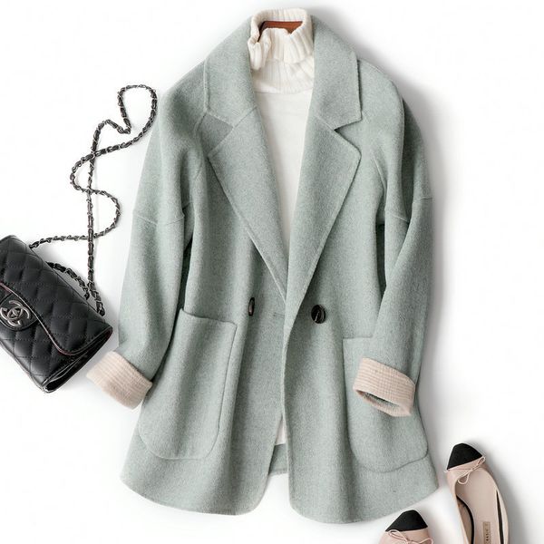 double cashmere winter woolen coat for women green color korean simple short style wool coats 210427, Black
double cashmere winter woolen coat for women green color korean simple short style wool coats 210427, Black