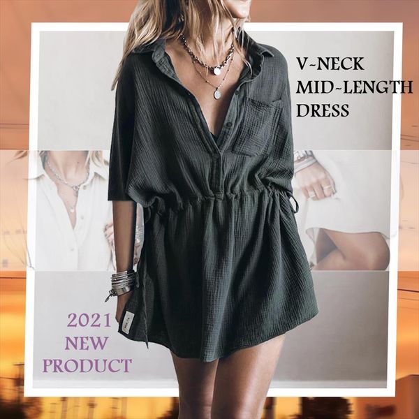 v neck drawstring waist womens dresses button down solid color pleated linen harajuku korean style mini with pocket, Black;gray
v neck drawstring waist womens dresses button down solid color pleated linen harajuku korean style mini with pocket, Black;gray