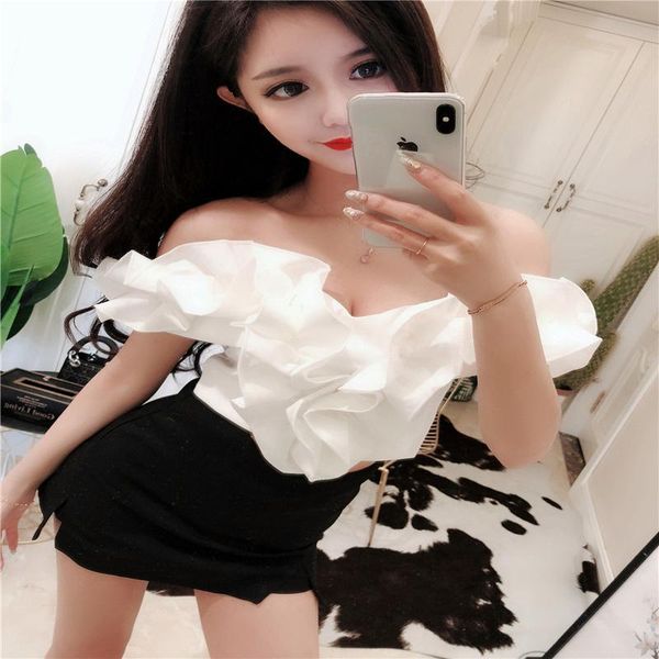 women's blouses & shirts 2021 summer nightclub one line collar three dimensional ruffle off shoulder short open navel blouse, White
women's blouses & shirts 2021 summer nightclub one line collar three dimensional ruffle off shoulder short open navel blouse, White