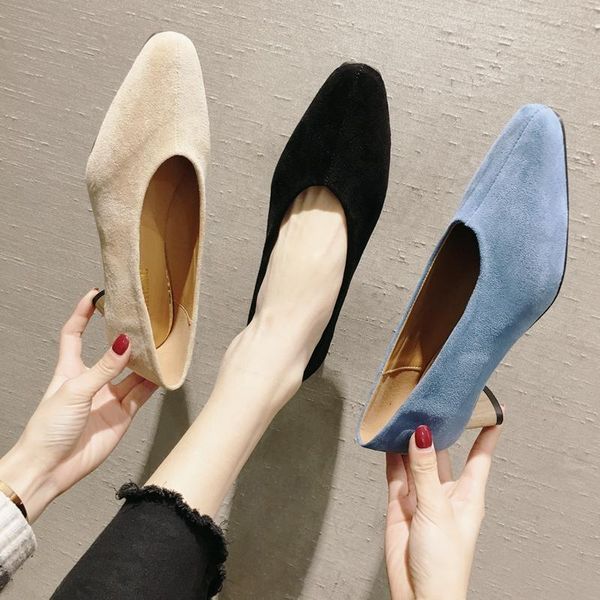 dress shoes women's spring 2021 high heels with pointed, shallow, thick and suede, Black