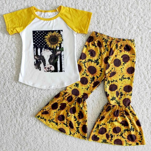 ready to ship girl short sleeve outfit kids cute cows print shirt sunflowers bells infants stitching clothing set, White
ready to ship girl short sleeve outfit kids cute cows print shirt sunflowers bells infants stitching clothing set, White