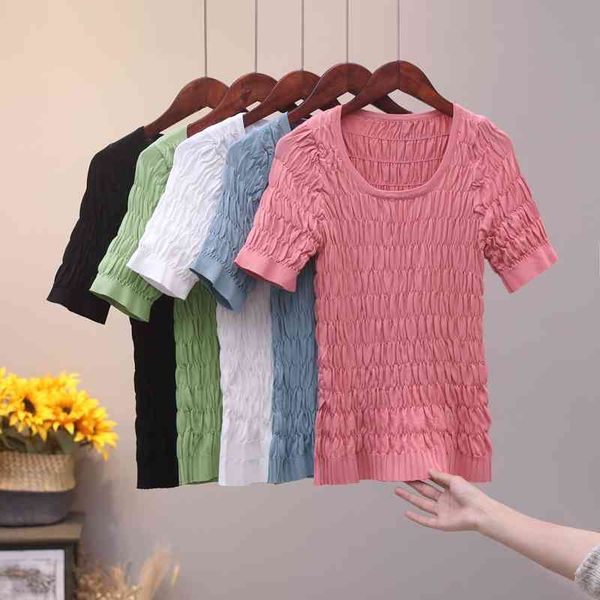 vintage elegant t-shirt female summer fashion slim solid color short-sleeved u neck t-shirt folds thin tee t shirt women 210420, White
vintage elegant t-shirt female summer fashion slim solid color short-sleeved u neck t-shirt folds thin tee t shirt women 210420, White