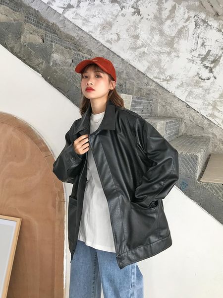 women's leather & faux pu coat for women 2021 autumn woman loose-fitting jacket oversized vintage motorcycle clothing student coats, Black
women's leather & faux pu coat for women 2021 autumn woman loose-fitting jacket oversized vintage motorcycle clothing student coats, Black
