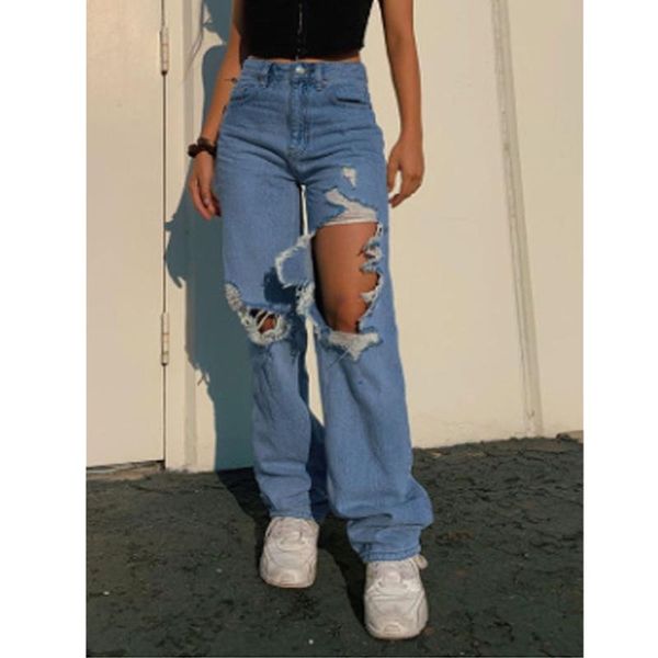 women jeans summer straight wide leg high waist relaxed fit destroyed denim pants with ripped holes women's, Blue
women jeans summer straight wide leg high waist relaxed fit destroyed denim pants with ripped holes women's, Blue