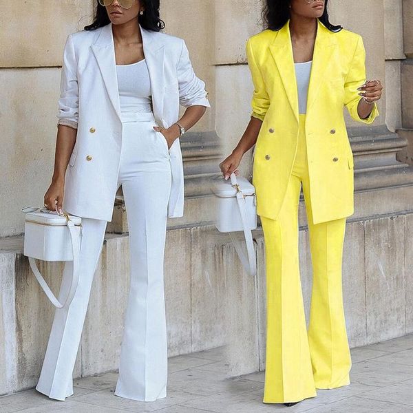 women's two piece pants 2021 autumn leisure solid color two-piece suit coat straight bell bottomed style, White
women's two piece pants 2021 autumn leisure solid color two-piece suit coat straight bell bottomed style, White
