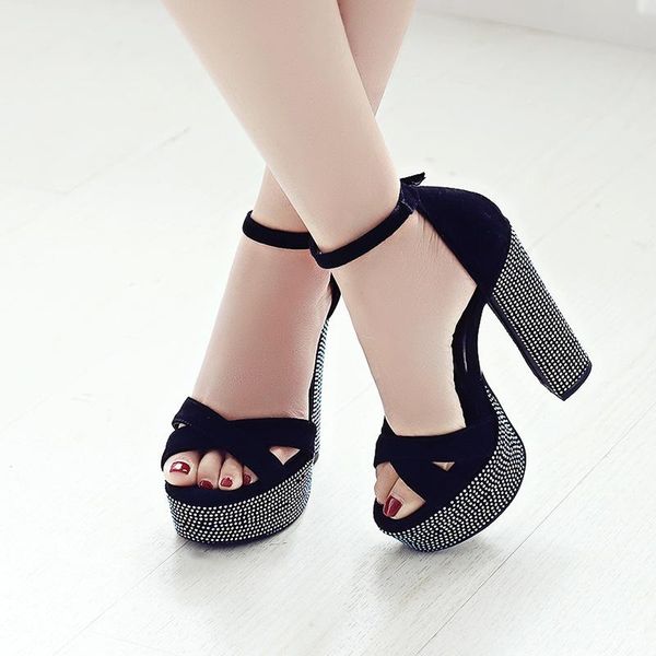 dress shoes 2021 fashion waterproof platform rhinestone rough high heel ladies sandals, Black