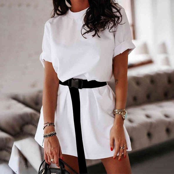 women solid round neck loose mini dress with belt summer t-shirt dress ladies casual short sleeve white dresses vestidos 210416, Black;gray
women solid round neck loose mini dress with belt summer t-shirt dress ladies casual short sleeve white dresses vestidos 210416, Black;gray